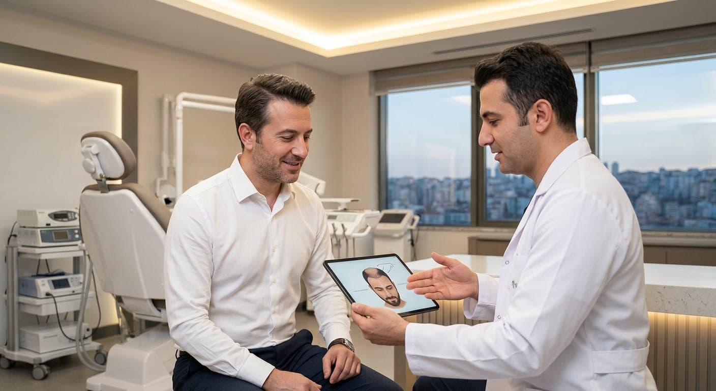 Surgeon reviewing a hair transplant plan on a tablet with a patient in an Istanbul clinic