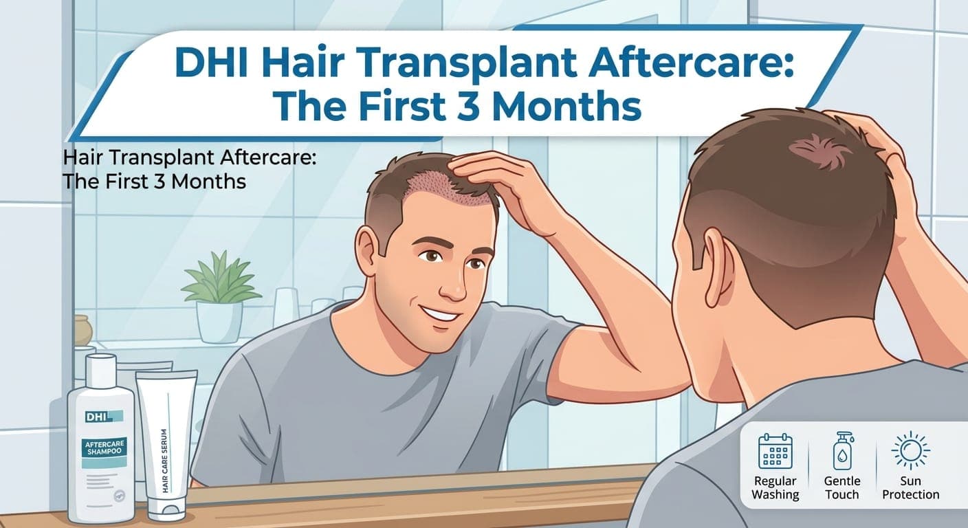 DHI hair transplant aftercare in the first 3 months: regular washing, gentle touch, and sun protection