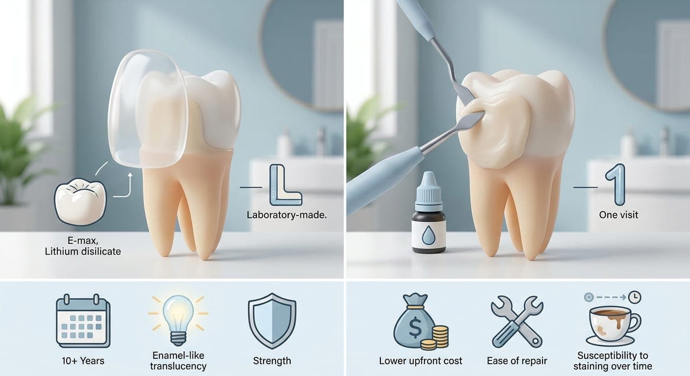 E-max lithium disilicate veneers, laboratory-made with enamel-like translucency and strength, compared with composite veneers applied in one visit at lower upfront cost