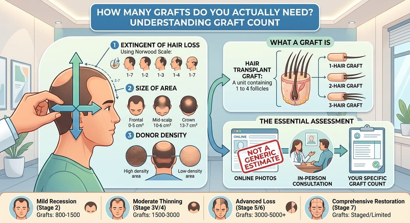 What determines hair transplant graft count: extent of hair loss, size of the treated area, and donor density, with a graft shown as a unit containing 1 to 4 follicles