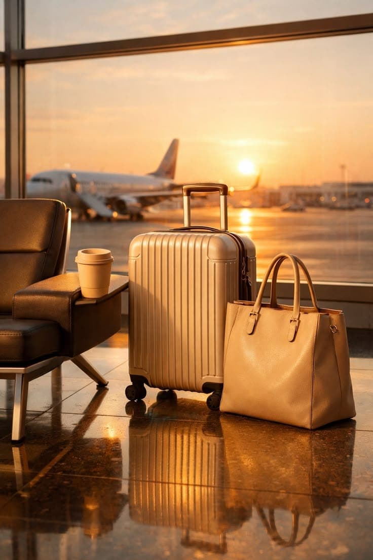 Cabin suitcase and travel bag beside a departure lounge seat at sunset, with an aircraft waiting at the gate outside the window