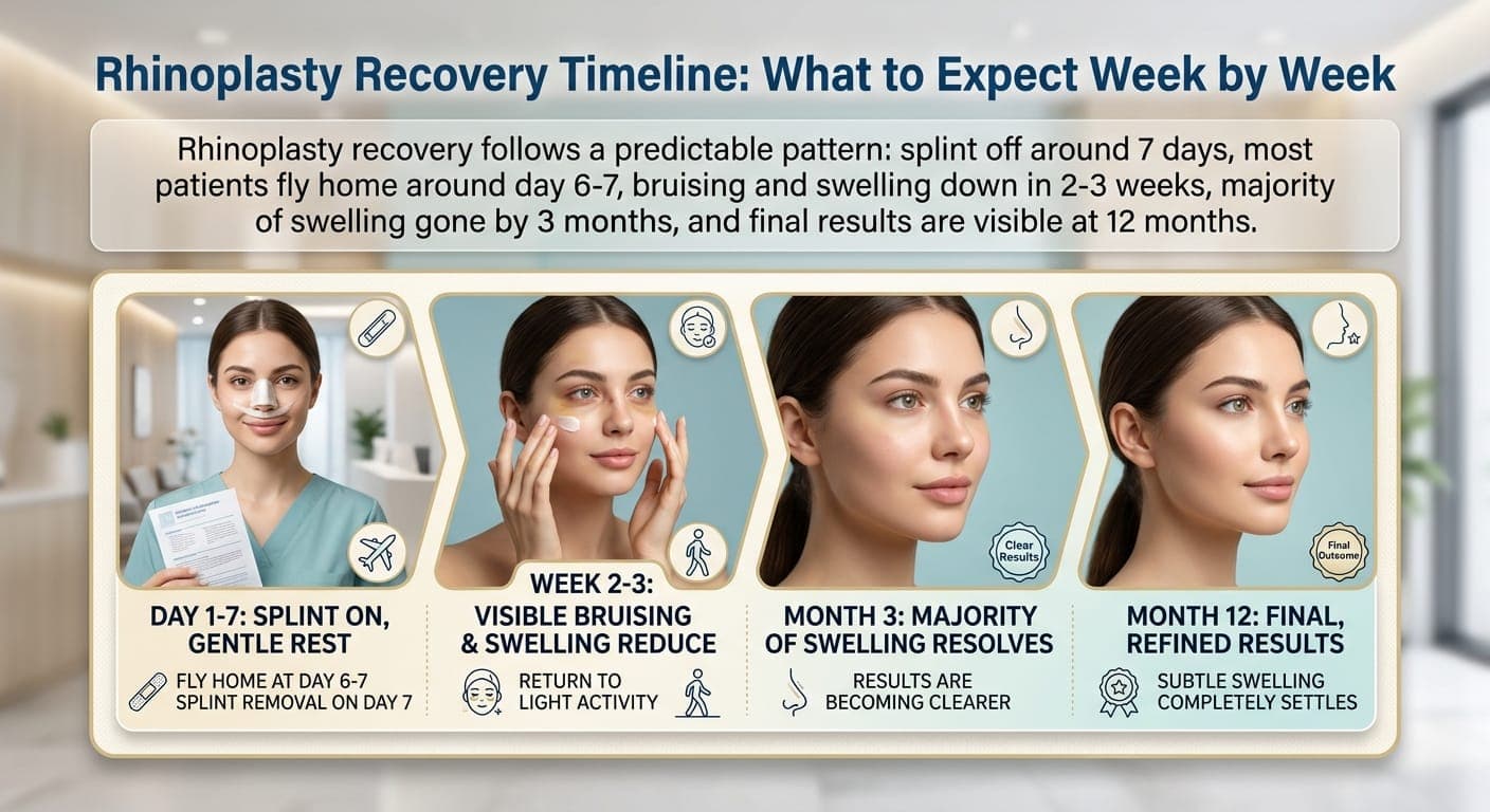 Rhinoplasty recovery timeline: splint on days 1-7, bruising and swelling reducing in weeks 2-3, most swelling resolved by month 3, and final refined results at month 12