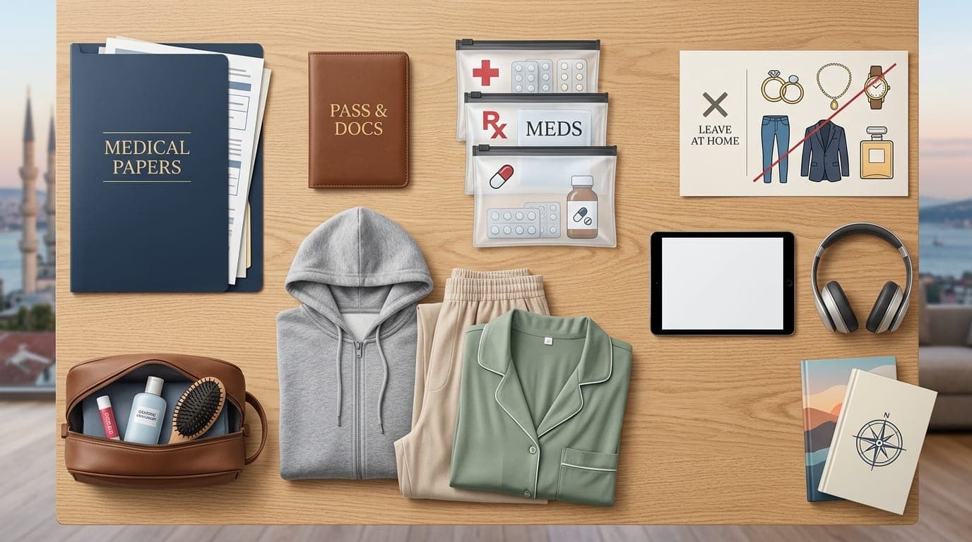 What to pack for surgery in Turkey: medical papers, passport and documents, labelled medication bags, a zip-front hoodie, loose trousers, button-front pyjamas, a toiletry bag, headphones and a notebook, with jewellery, tight jeans and perfume marked leave at home